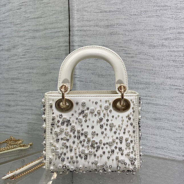MINI 17 LADY BAG IN WHITE SATIN EMBROIDERED WITH BEADS 226310