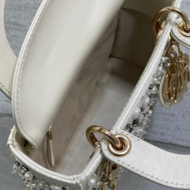MINI 17 LADY BAG IN WHITE SATIN EMBROIDERED WITH BEADS 226310