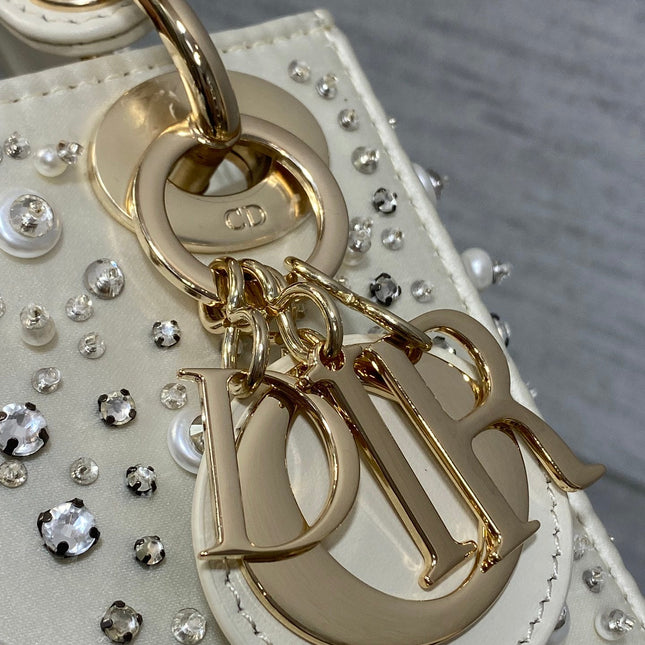 MINI 17 LADY BAG IN WHITE SATIN EMBROIDERED WITH BEADS 226310