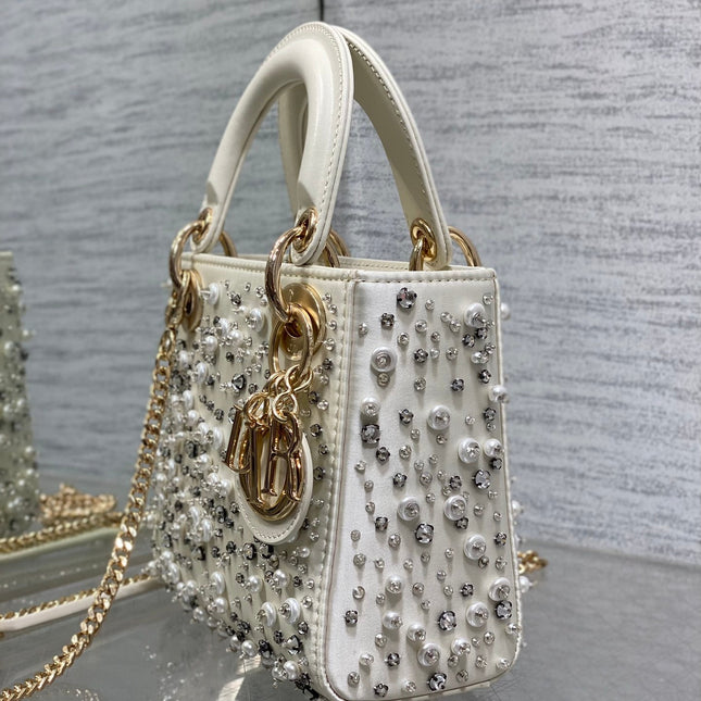 MINI 17 LADY BAG IN WHITE SATIN EMBROIDERED WITH BEADS 226310