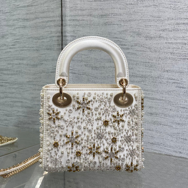 MINI 17 LADY BAG IN WHITE SATIN EMBROIDERED WITH BEADS