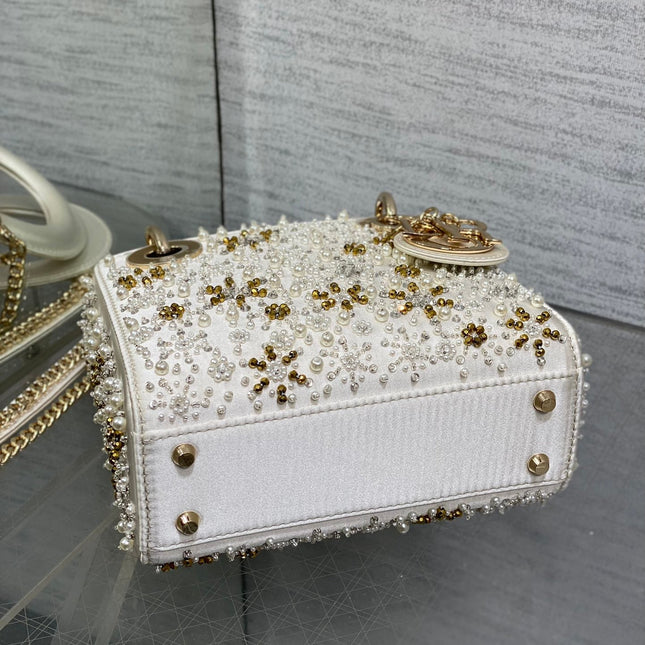 MINI 17 LADY BAG IN WHITE SATIN EMBROIDERED WITH BEADS