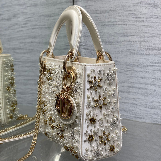 MINI 17 LADY BAG IN WHITE SATIN EMBROIDERED WITH BEADS