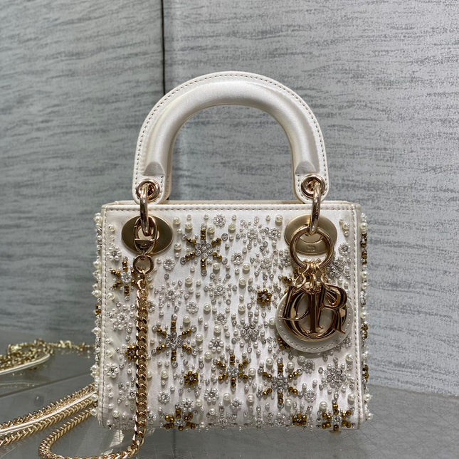 MINI 17 LADY BAG IN WHITE SATIN EMBROIDERED WITH BEADS