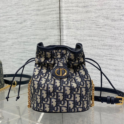 MONTAIGNE MINI 18 BUCKET BAG WITH DRAWSTRING IN BLUE OBLIQUE JACQUARD