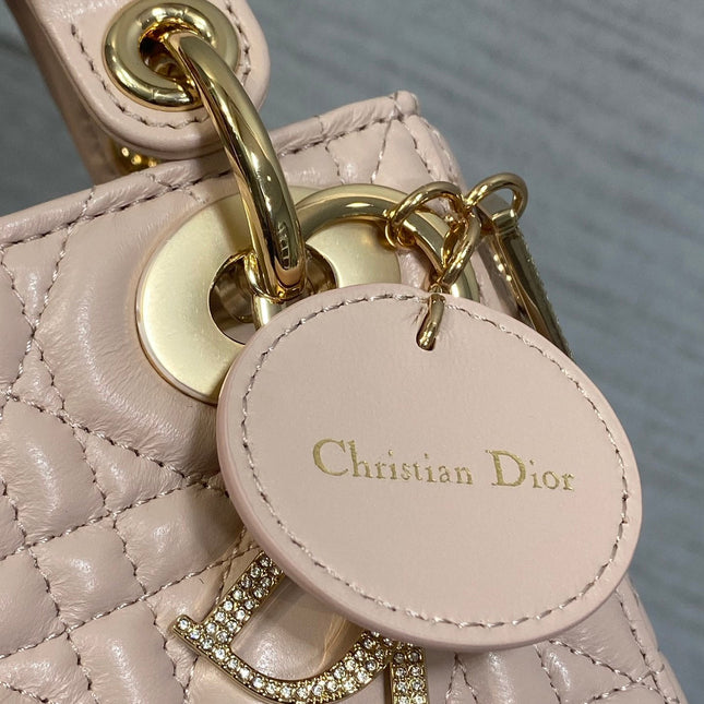 DIOR 25S MINI LADY DIOR BAG 17 IN PINK CALFSKIN CHARM CRYSTAL EMBELLISHMENTS