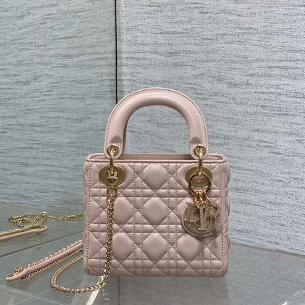 DIOR 25S MINI LADY DIOR BAG 17 IN PINK CALFSKIN CHARM CRYSTAL EMBELLISHMENTS