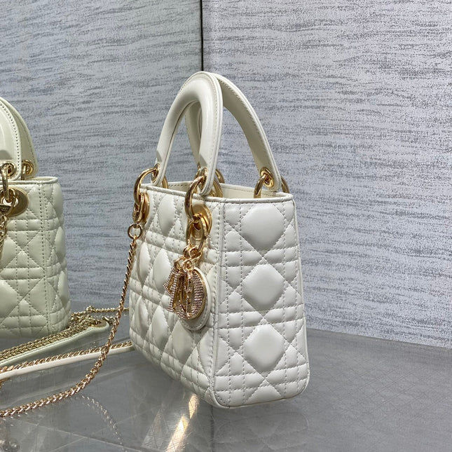 DIOR 25S MINI LADY DIOR BAG 17 IN IVORY CALFSKIN CHARM CRYSTAL EMBELLISHMENTS