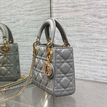 DIOR 25S MINI LADY DIOR BAG 17 IN DARK GRAY CALFSKIN CHARM CRYSTAL EMBELLISHMENTS