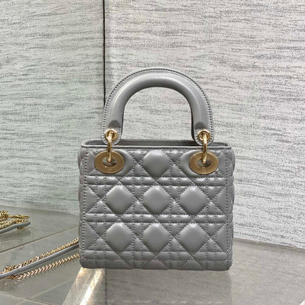 DIOR 25S MINI LADY DIOR BAG 17 IN DARK GRAY CALFSKIN CHARM CRYSTAL EMBELLISHMENTS