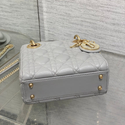 DIOR 25S MINI LADY DIOR BAG 17 IN DARK GRAY CALFSKIN CHARM CRYSTAL EMBELLISHMENTS