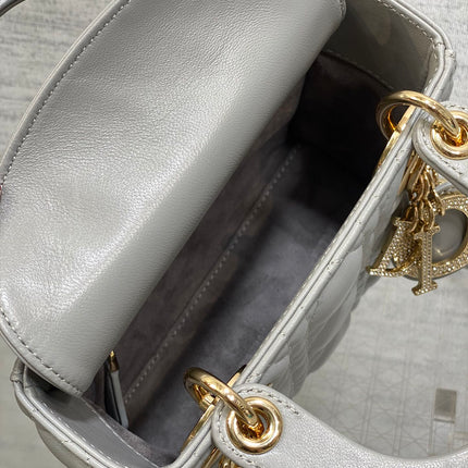 DIOR 25S MINI LADY DIOR BAG 17 IN DARK GRAY CALFSKIN CHARM CRYSTAL EMBELLISHMENTS