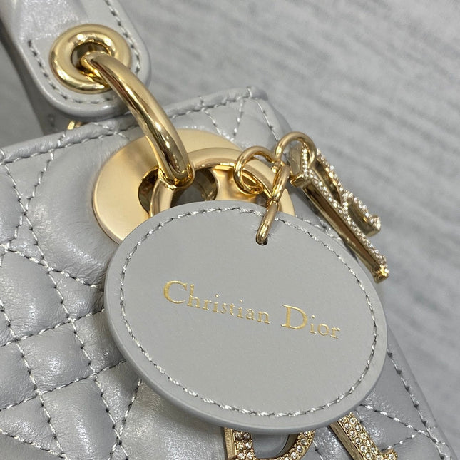DIOR 25S MINI LADY DIOR BAG 17 IN DARK GRAY CALFSKIN CHARM CRYSTAL EMBELLISHMENTS