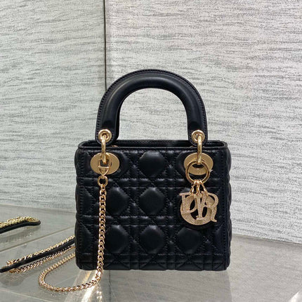 DIOR 25S MINI LADY DIOR BAG 17 IN BLACK CALFSKIN CHARM CRYSTAL EMBELLISHMENTS