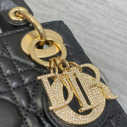 DIOR 25S MINI LADY DIOR BAG 17 IN BLACK CALFSKIN CHARM CRYSTAL EMBELLISHMENTS