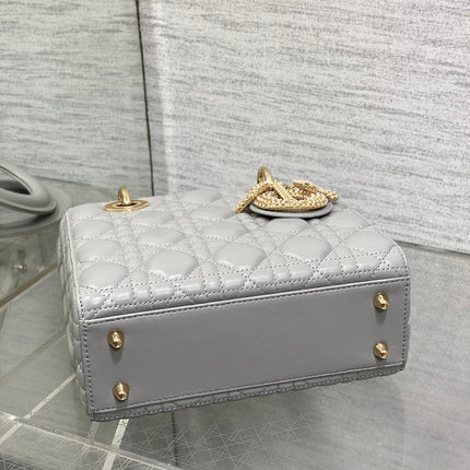 DIOR 25S LADY DIOR BAG 20 IN DARK GRAY CALFSKIN CHARM PEARL EMBELLISHMENTS