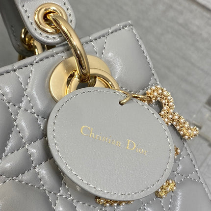 DIOR 25S LADY DIOR BAG 20 IN DARK GRAY CALFSKIN CHARM PEARL EMBELLISHMENTS