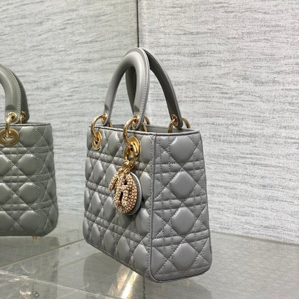 DIOR 25S LADY DIOR BAG 20 IN DARK GRAY CALFSKIN CHARM PEARL EMBELLISHMENTS