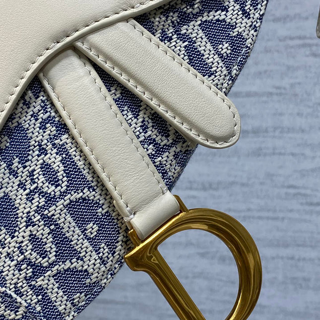 DIOR 25S MINI SOFT SADDLE BAG 19 IN BLUE DIOR OBLIQUE CHAMBRAY AND IVORY SMOOTH CALFSKIN