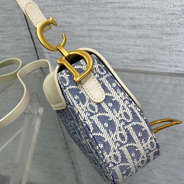 DIOR 25S MINI SOFT SADDLE BAG 19 IN BLUE DIOR OBLIQUE CHAMBRAY AND IVORY SMOOTH CALFSKIN