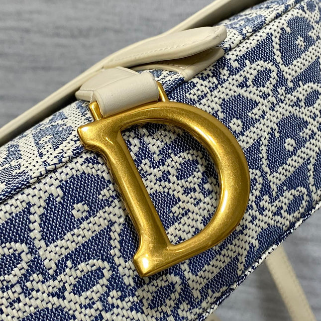 DIOR 25S MINI SOFT SADDLE BAG 19 IN BLUE DIOR OBLIQUE CHAMBRAY AND IVORY SMOOTH CALFSKIN
