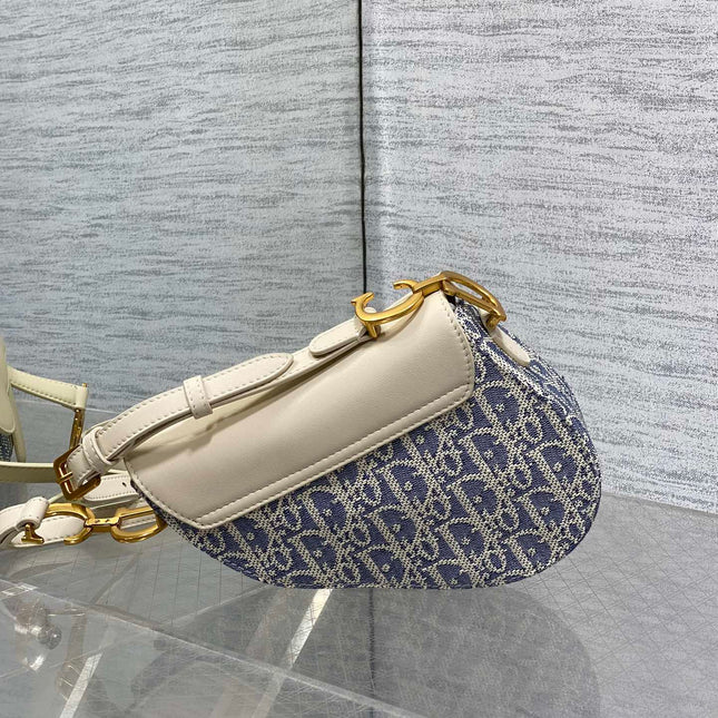 DIOR 25S MINI SOFT SADDLE BAG 19 IN BLUE DIOR OBLIQUE CHAMBRAY AND IVORY SMOOTH CALFSKIN