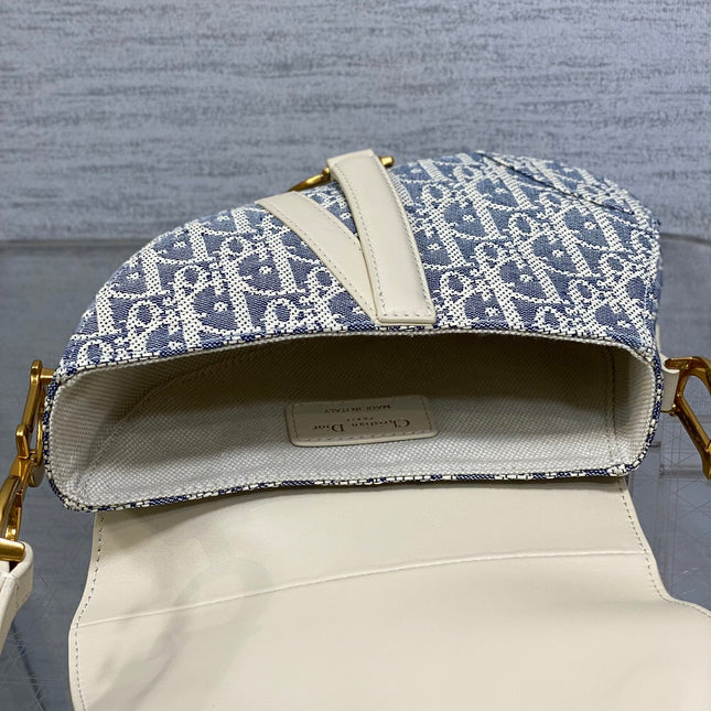 DIOR 25S MINI SOFT SADDLE BAG 19 IN BLUE DIOR OBLIQUE CHAMBRAY AND IVORY SMOOTH CALFSKIN