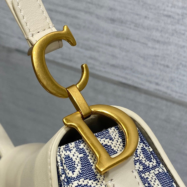 DIOR 25S MINI SOFT SADDLE BAG 19 IN BLUE DIOR OBLIQUE CHAMBRAY AND IVORY SMOOTH CALFSKIN