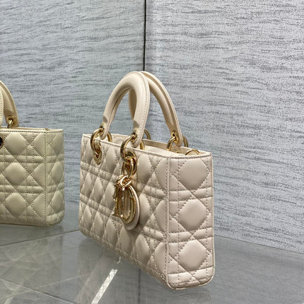 DIOR 25S MEDIUM LADY D-JOY 26 IN BEIGE LAMBSKIN GOLD HARDWARE