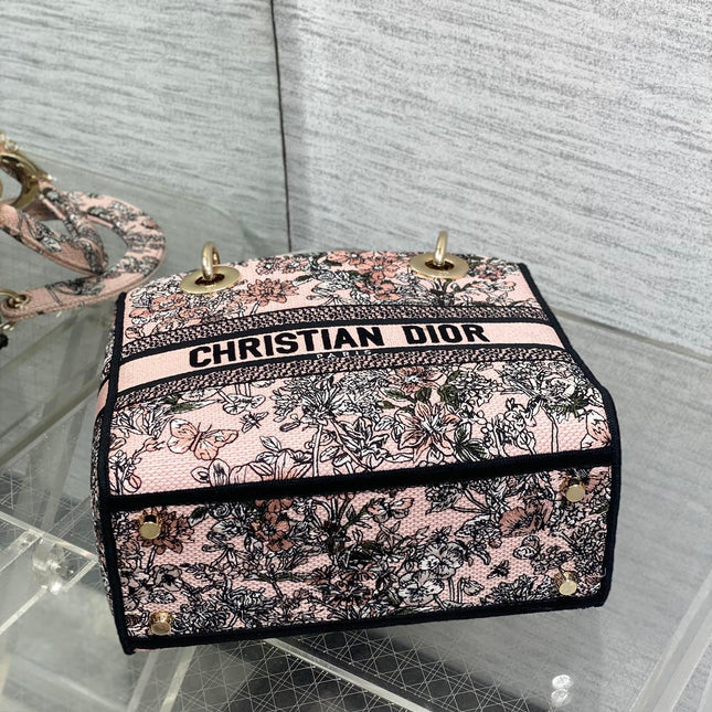 DIOR 25S SMALL LADY D-LITE BAG 24 IN PINK DIOR FLOWERS CALENDAR ALLOVER EMBROIDERY