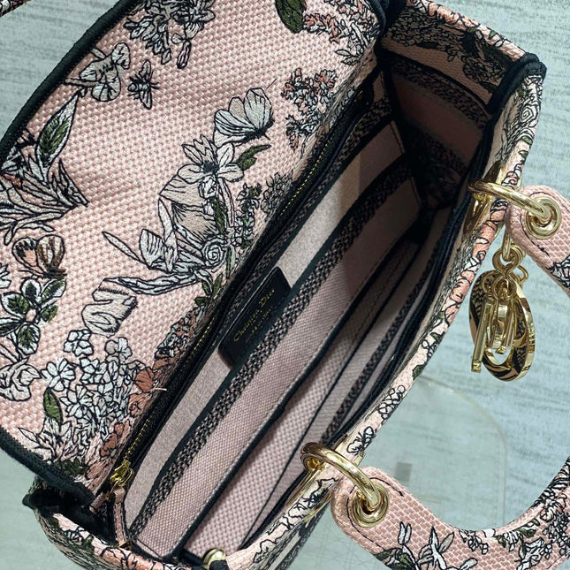 DIOR 25S SMALL LADY D-LITE BAG 24 IN PINK DIOR FLOWERS CALENDAR ALLOVER EMBROIDERY