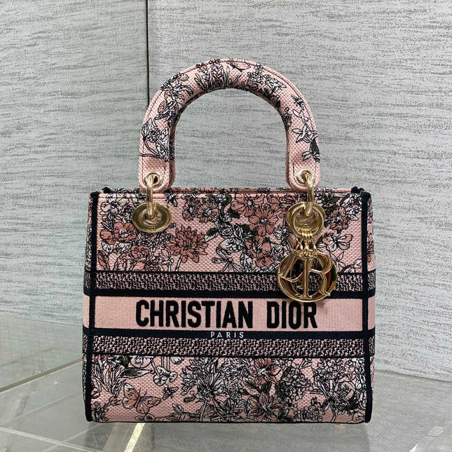 DIOR 25S SMALL LADY D-LITE BAG 24 IN PINK DIOR FLOWERS CALENDAR ALLOVER EMBROIDERY