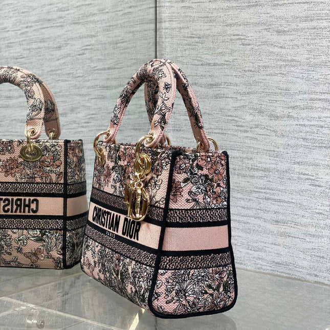 DIOR 25S SMALL LADY D-LITE BAG 24 IN PINK DIOR FLOWERS CALENDAR ALLOVER EMBROIDERY