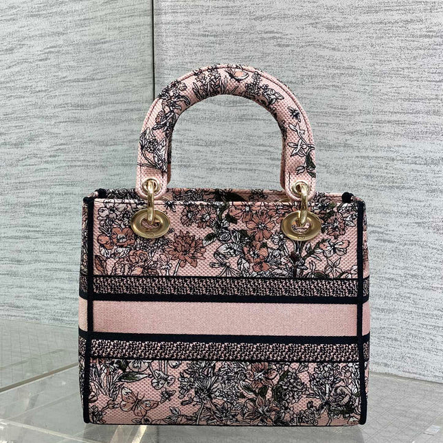 DIOR 25S SMALL LADY D-LITE BAG 24 IN PINK DIOR FLOWERS CALENDAR ALLOVER EMBROIDERY