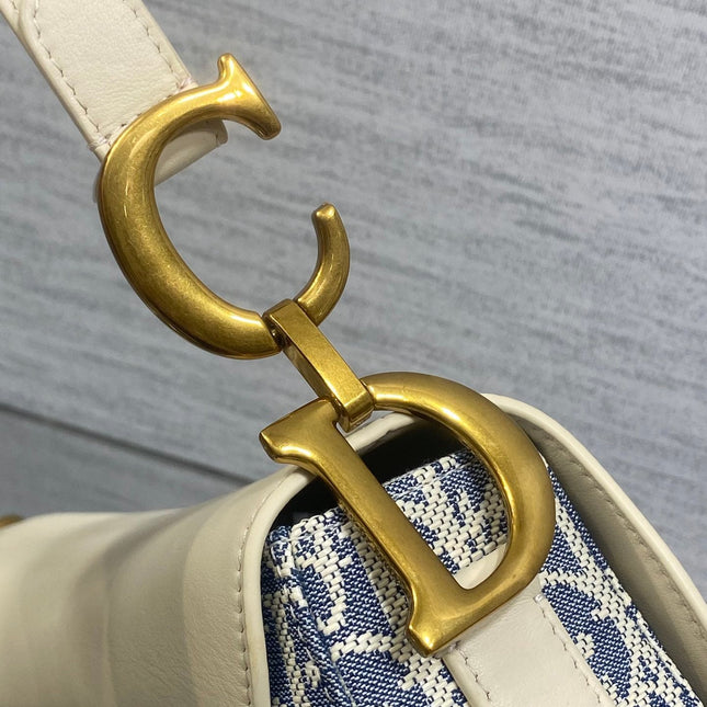 DIOR 25S SOFT SADDLE BAG 25 IN BLUE DIOR OBLIQUE CHAMBRAY AND IVORY SMOOTH CALFSKIN