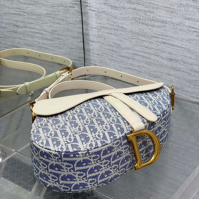DIOR 25S SOFT SADDLE BAG 25 IN BLUE DIOR OBLIQUE CHAMBRAY AND IVORY SMOOTH CALFSKIN