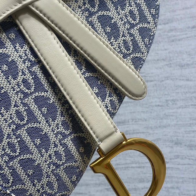 DIOR 25S SOFT SADDLE BAG 25 IN BLUE DIOR OBLIQUE CHAMBRAY AND IVORY SMOOTH CALFSKIN