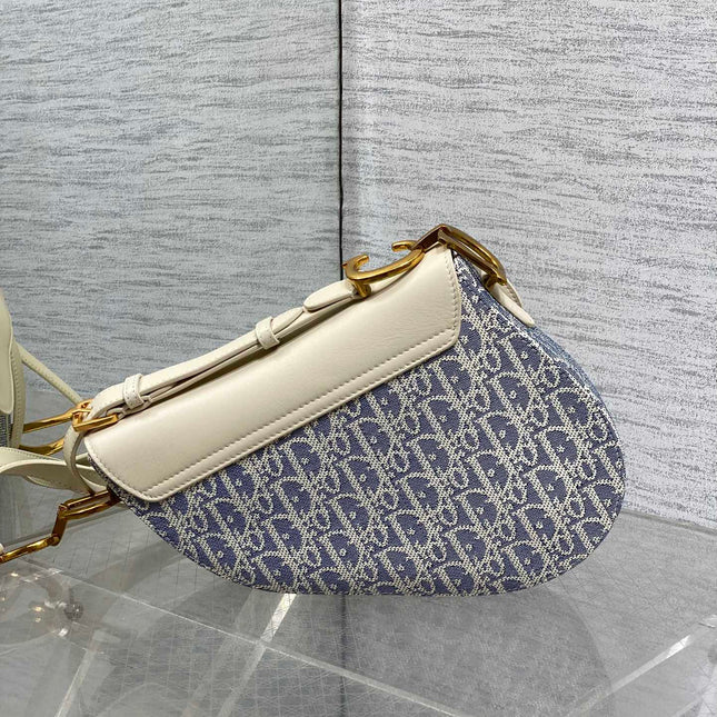 DIOR 25S SOFT SADDLE BAG 25 IN BLUE DIOR OBLIQUE CHAMBRAY AND IVORY SMOOTH CALFSKIN