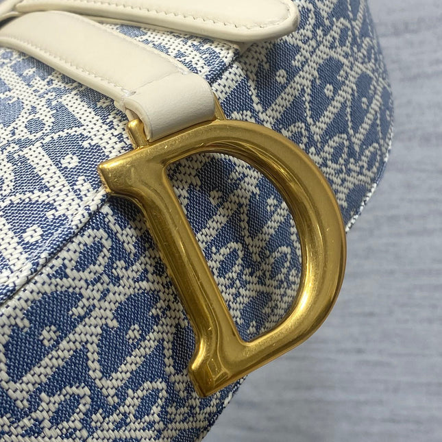 DIOR 25S SOFT SADDLE BAG 25 IN BLUE DIOR OBLIQUE CHAMBRAY AND IVORY SMOOTH CALFSKIN