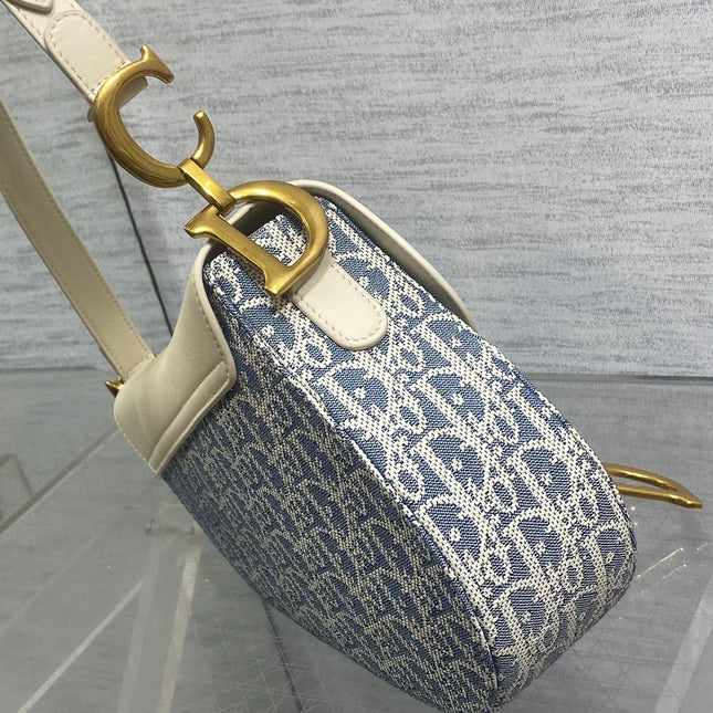 DIOR 25S SOFT SADDLE BAG 25 IN BLUE DIOR OBLIQUE CHAMBRAY AND IVORY SMOOTH CALFSKIN