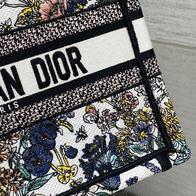 DIOR 25S LUCKY SMALL DIOR BOOK TOTE 26 IN MULTICOLOR DIOR FLOWERS CALENDAR ALLOVER EMBROIDERY