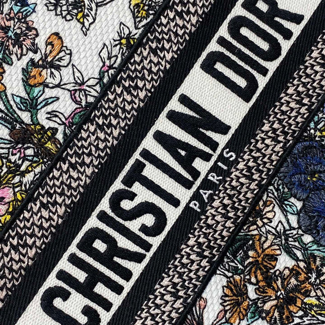 DIOR 25S LUCKY SMALL DIOR BOOK TOTE 26 IN MULTICOLOR DIOR FLOWERS CALENDAR ALLOVER EMBROIDERY
