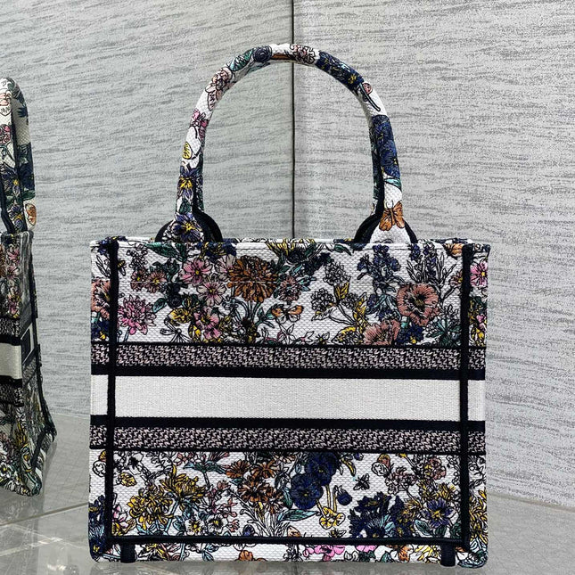 DIOR 25S LUCKY SMALL DIOR BOOK TOTE 26 IN MULTICOLOR DIOR FLOWERS CALENDAR ALLOVER EMBROIDERY