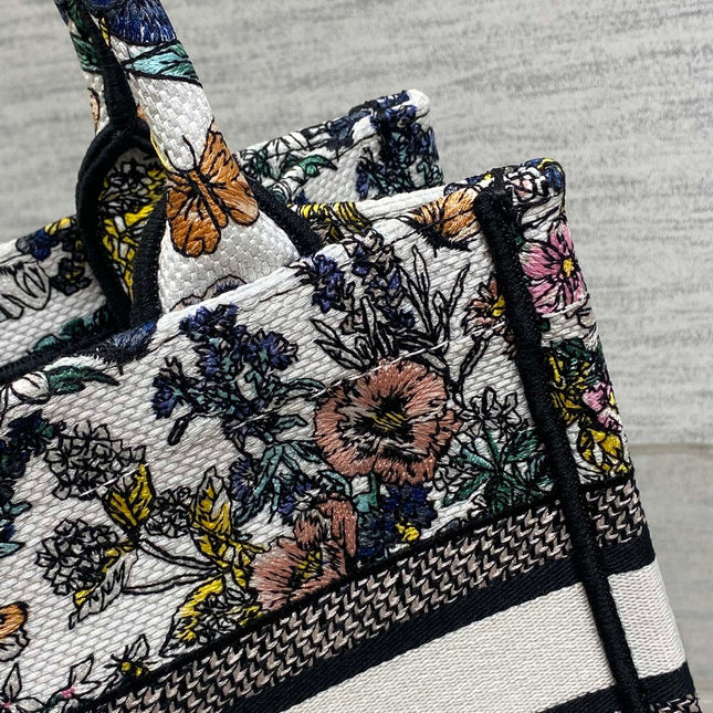 DIOR 25S LUCKY SMALL DIOR BOOK TOTE 26 IN MULTICOLOR DIOR FLOWERS CALENDAR ALLOVER EMBROIDERY