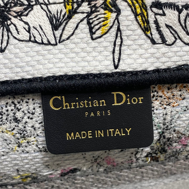 DIOR 25S LUCKY SMALL DIOR BOOK TOTE 26 IN MULTICOLOR DIOR FLOWERS CALENDAR ALLOVER EMBROIDERY
