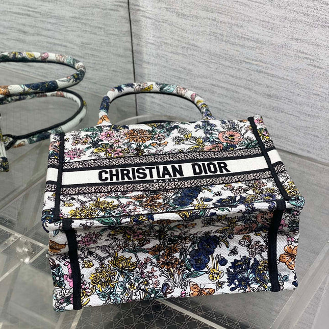DIOR 25S LUCKY SMALL DIOR BOOK TOTE 26 IN MULTICOLOR DIOR FLOWERS CALENDAR ALLOVER EMBROIDERY