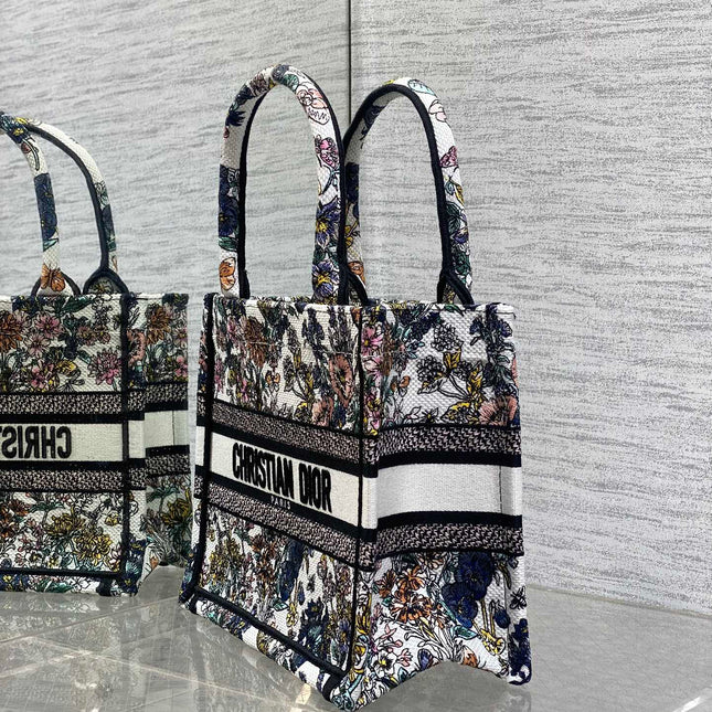 DIOR 25S LUCKY SMALL DIOR BOOK TOTE 26 IN MULTICOLOR DIOR FLOWERS CALENDAR ALLOVER EMBROIDERY