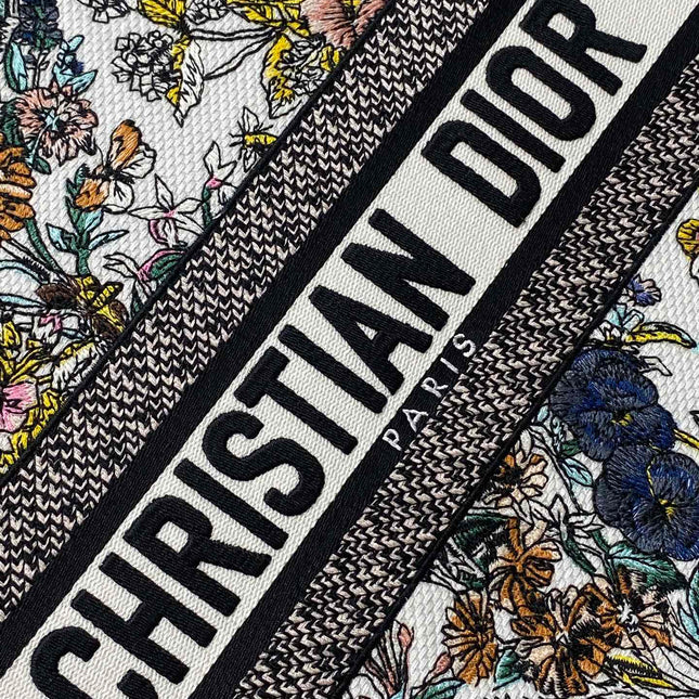 DIOR 25S LUCKY LARGE DIOR BOOK TOTE 42 IN MULTICOLOR DIOR FLOWERS CALENDAR ALLOVER EMBROIDERY