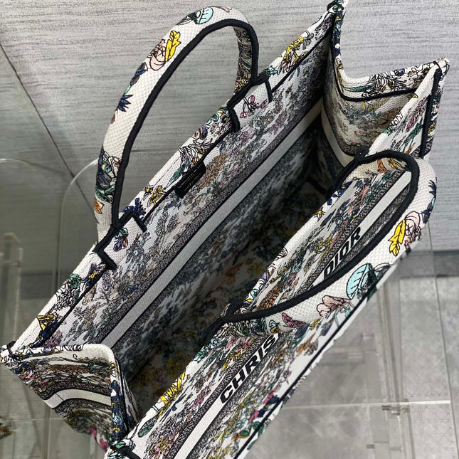 DIOR 25S LUCKY LARGE DIOR BOOK TOTE 42 IN MULTICOLOR DIOR FLOWERS CALENDAR ALLOVER EMBROIDERY
