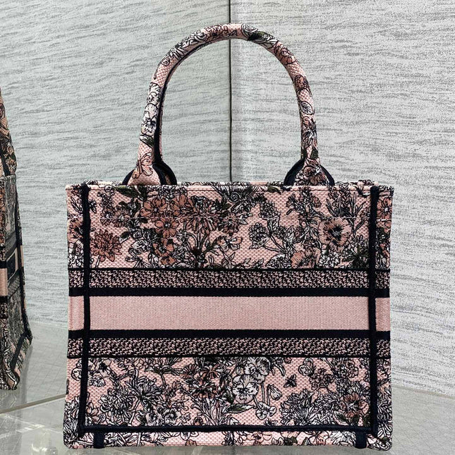 DIOR 25S LUCKY SMALL DIOR BOOK TOTE 26 IN PINK MULTICOLOR DIOR FLOWERS CALENDAR ALLOVER EMBROIDERY